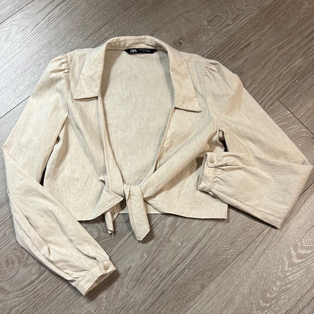 Zara Linen Long Sleeve Knot Crop Top